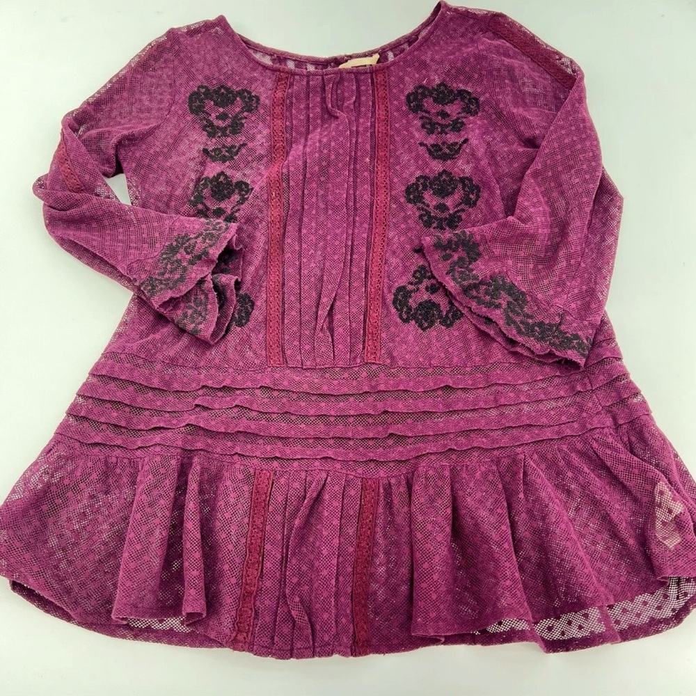 FREE PEOPLE Blouse Purple BOHO Pleated Sheer Embroidered Bell Sleeve Fairy